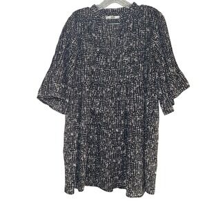 dolma Women's Black Beige Abstract Print V-Neck Tiered Ruffle Sleeve dress boho